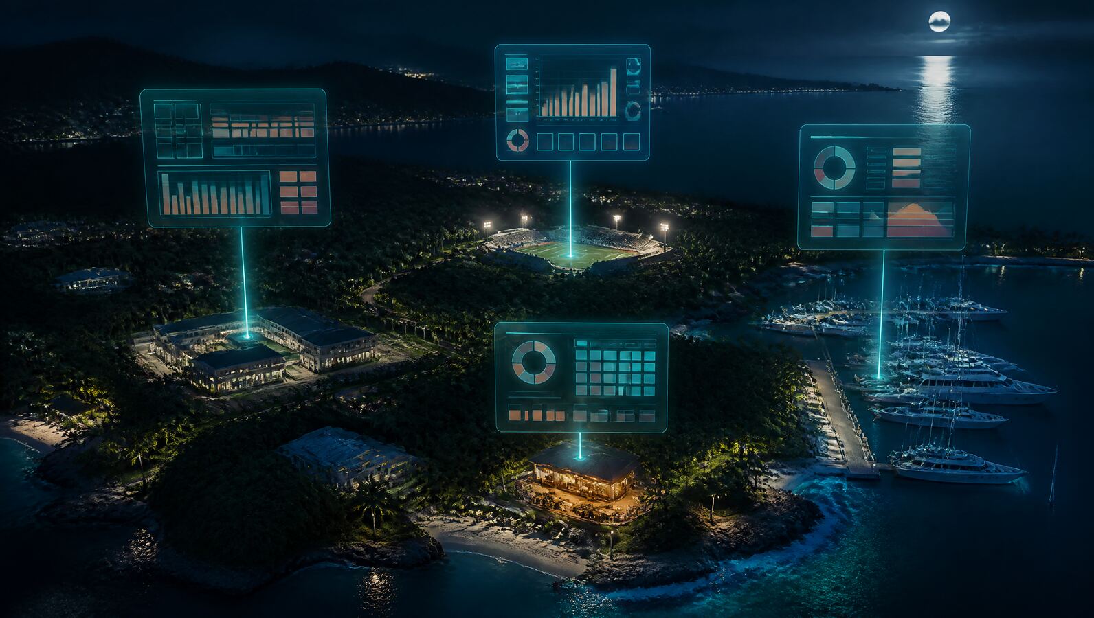 Caribbein OS dashboards floating over an island at night